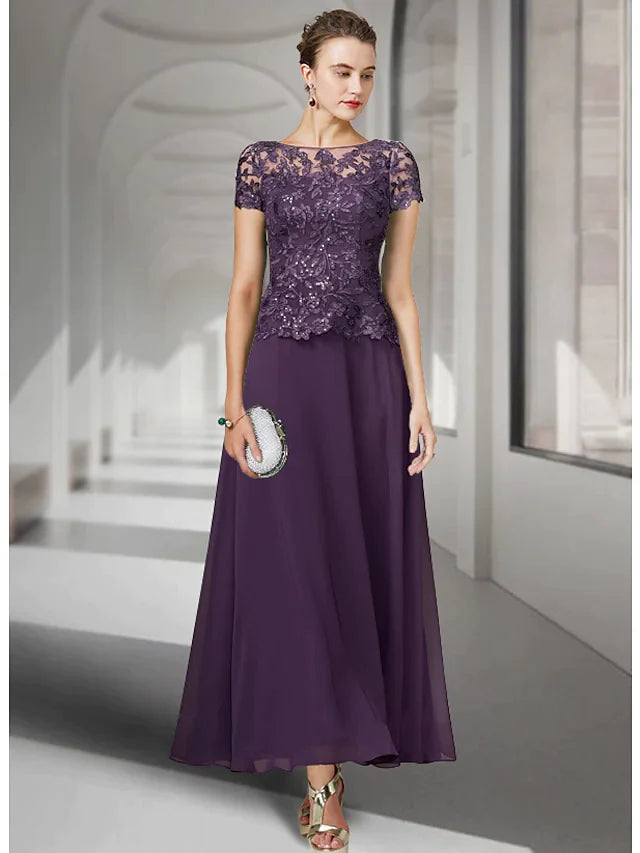 Wholesale A-Line Mother of the Bride Dress Elegant Jewel Neck Ankle Length Chiffon Lace Short Sleeve with Pleats Appliques